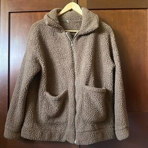 Fluffy, brown, zip up jacket